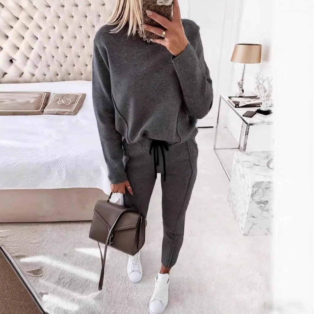 

Women 2025 Fashion Autumn Loose Slight Stretch Tracksuit Set Long Sleeve Pullover Sweatshirt Drawstring Pants Suit