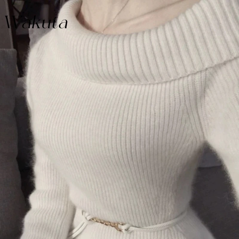 WAKUTA Spring Gentle Style Temperament White Lapel Open Shoulder Knit Sweaters Hip Hugging Skirt High-end Retro Two-piece Sets