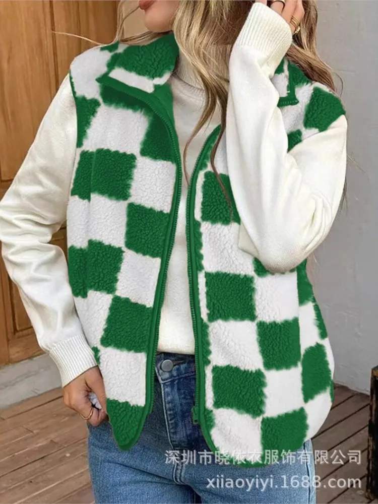 2025 여성 패션 플러시 루즈 스퀘어 체크 베스트 가을 겨울 캐주얼 지퍼 가디건 베스트 레트로 코트 여성용