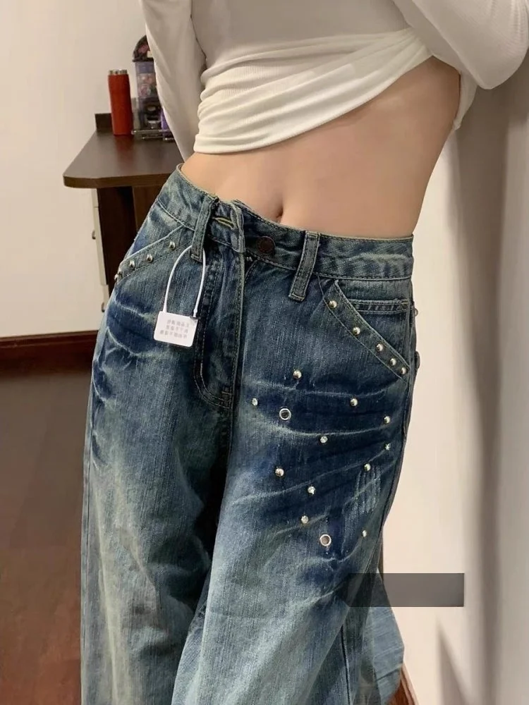 

Джинсы в стиле ретро с американскими заклепками, женские зимние новые свободные прямые брюки с высокой талией длиной до пола, повседневные брюки