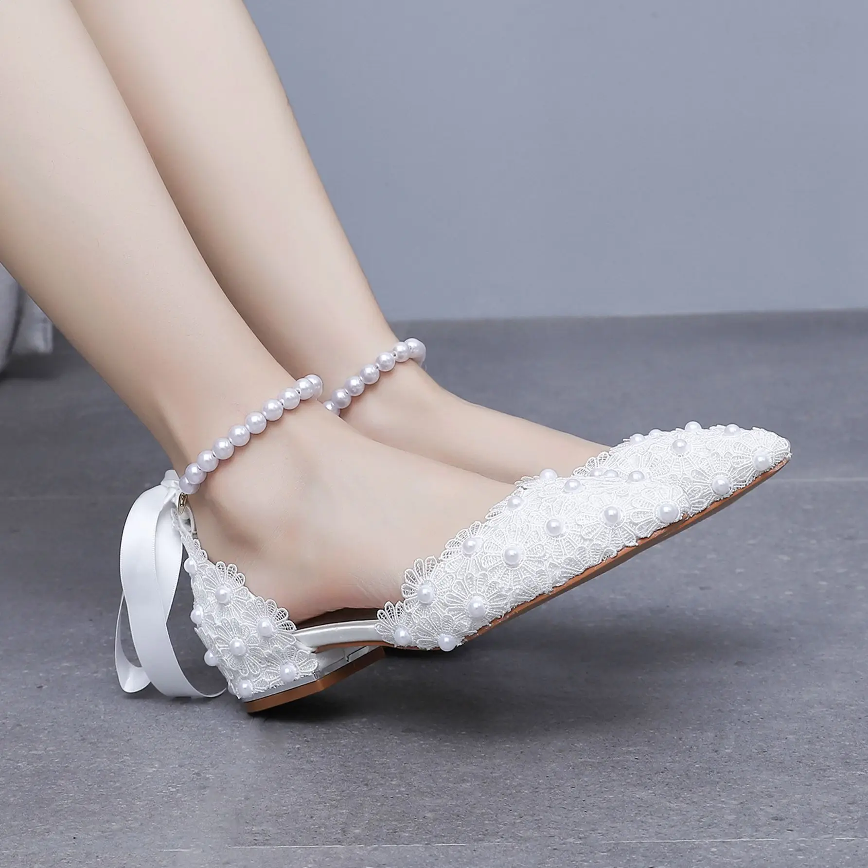 Crystal Queen Fashion Sexy Elegant High Heels Ankle Strap Party Sandals Women White Pearl Rhinestone Lace Wedding Shoes view 2