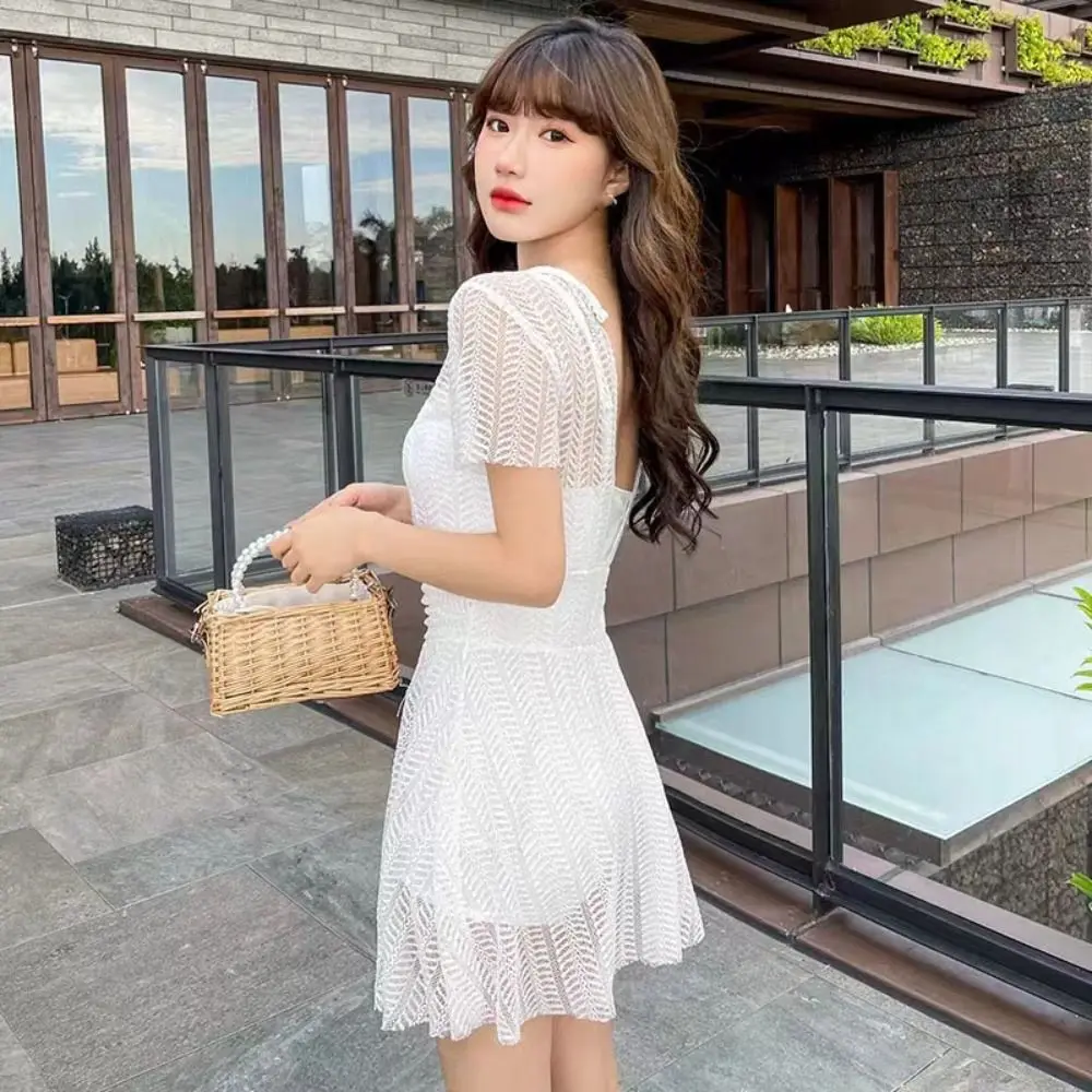 

Mesh Hollow Lace Skirt Swimsuit Transparent Short Sleeve Bathing Swimwear Suit Backless Beachwear Swimwear with Padded Beach