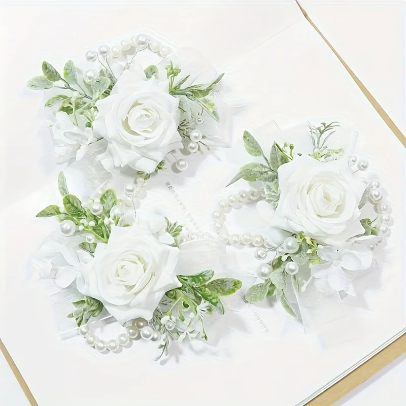 1/2 pcs Artificial Rose Flowers,Simulation White Corsage,Boutonniere,Fake Wrist Flowers,For Wedding Birthday Bridal Décor ﻿