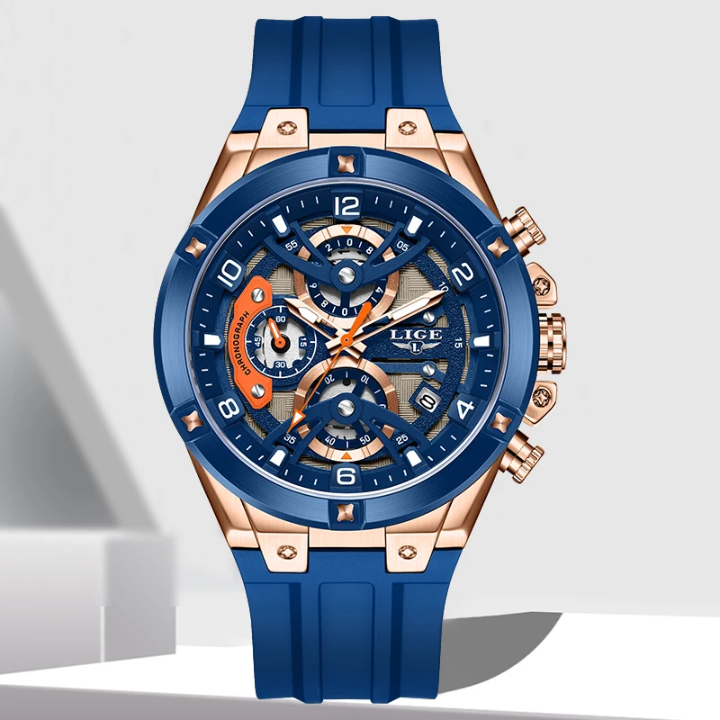 LIGE ファッション高級腕時計シンプルなダイヤル中空クラシックカジュアルスポーツトップブランド防水自動日付シリコーンクォーツマン腕時計