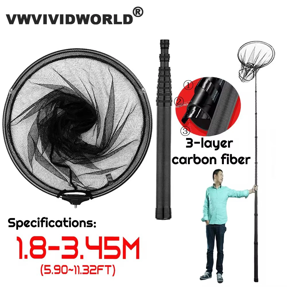 VWVIVIDWORLD Brand,1.8-3.45m,Portable Carbon Fishing Net,Fishing Land,Hand Net,Foldable Collapsible Telescopic Pole,Fishing Rod