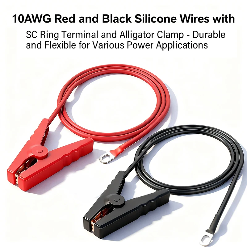 

Автомобильные перемычки, аккумуляторные зажимы типа «крокодил» с силиконовым гибким кабелем 10AWG (красный + черный), 1 м/39,37 дюйма, с кольцевой клеммой SC