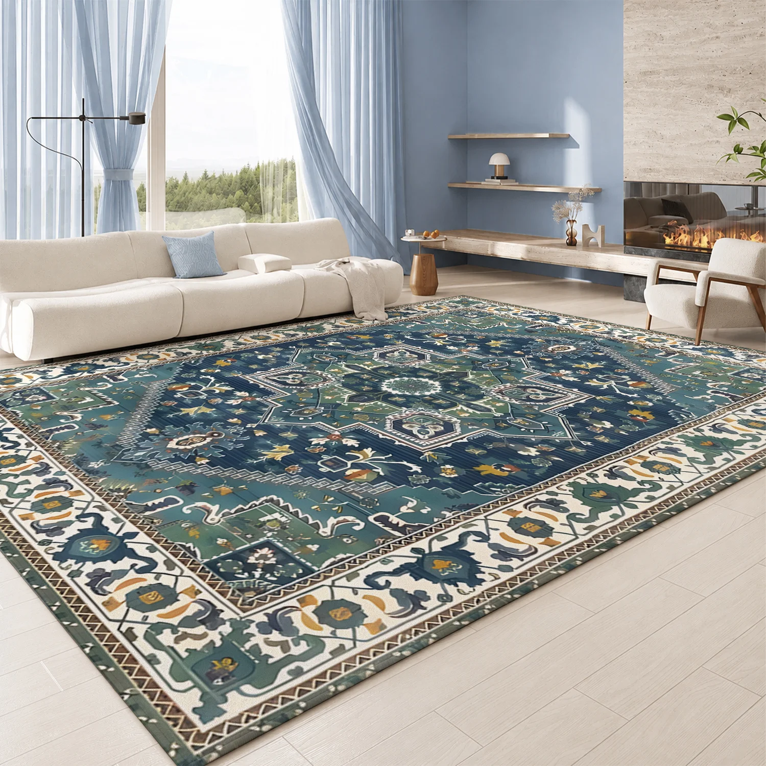Large Indoor Area Rug, Soft Velvet Low Pile Rug with Non-slip Dotted Backing, Machine Washable Vintage Persian Medallion Rug in Deep Teal, Suitable for Living Room, Bedroom, Entryway Floor Decor