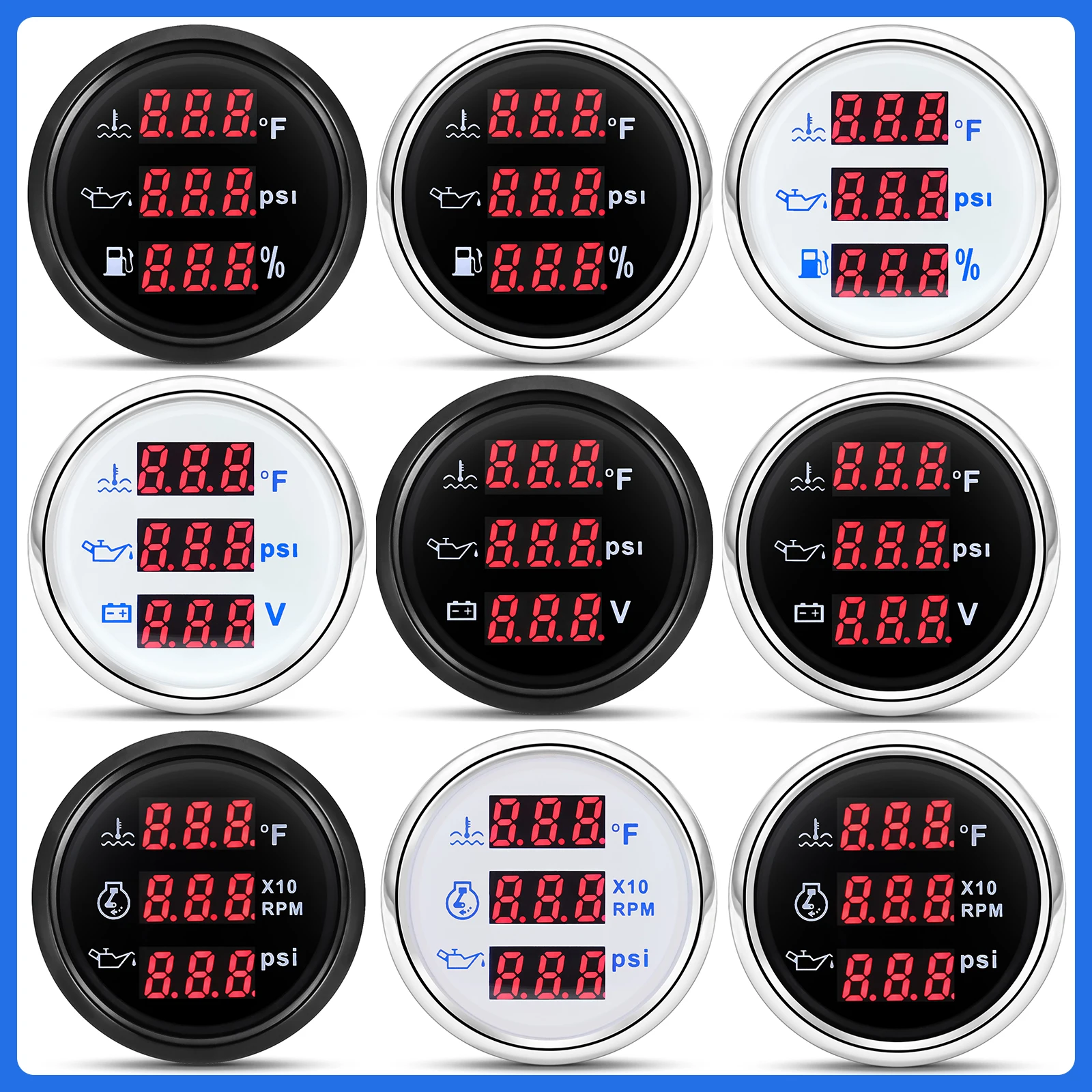 

Digital 3 IN 1 52mm Gauge Oil Pressure Meter Water Temp Meter/Fuel Level Gauge Tachometer Voltmeter with Flash Alarm DC12V24V
