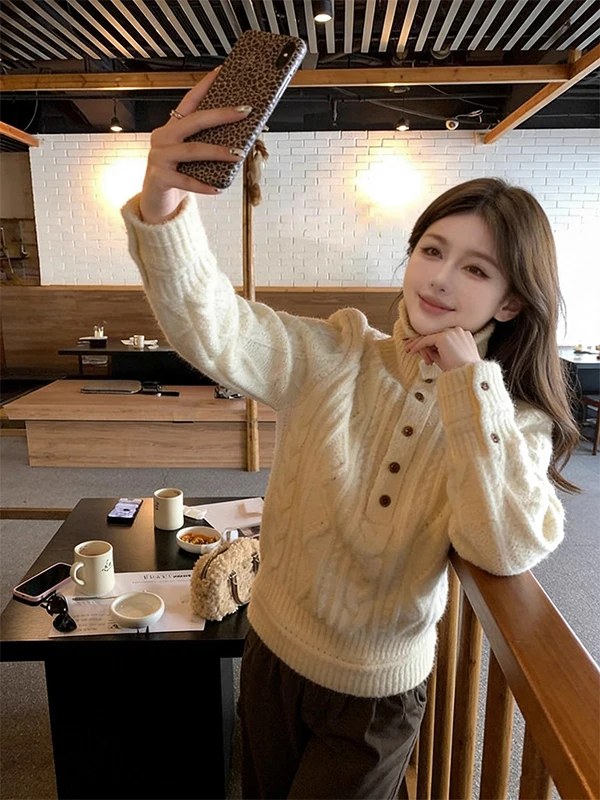 Cozy Knitted High Collar Sweater Women's Sle Winter New Arrival Floral Twist Long Sve Warm Top Vintage Slim Fit Pullover