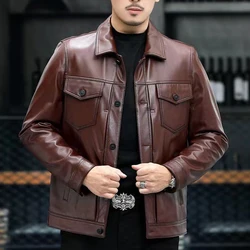 Genuine Leather Jacket Men High Quality Top Layer Cowhide Lapel Motorcycle Leather Coat Male Trend Casual Vetements Homme