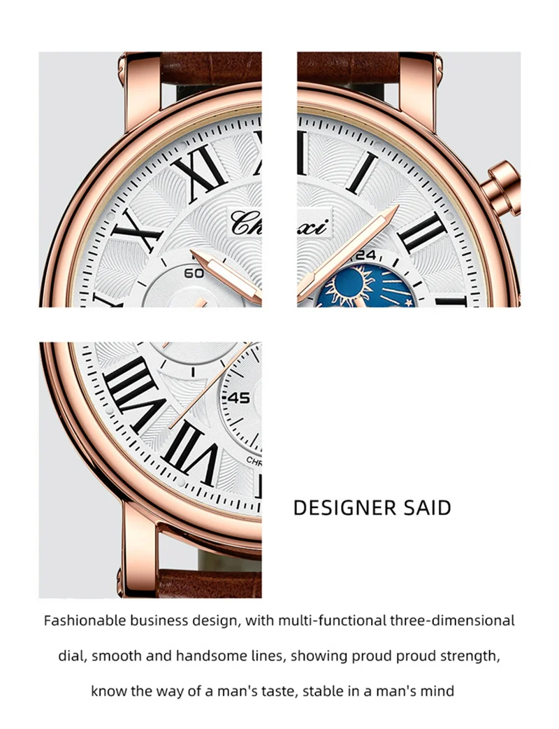CHENXI 973 Herren-Quarz-Armbanduhr, wasserdicht, leuchtender Chronograph, Multifunktions-Mondphase-Herrenuhren, часы Afrikaans – Detail 3