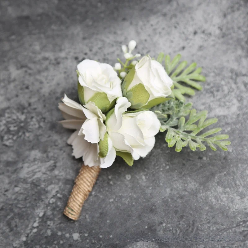 클래식 화이트 인공 장미 꽃 Boutonniere 손목 꽃다발, 신부 들러리 결혼 웨딩 액세서리 결혼식