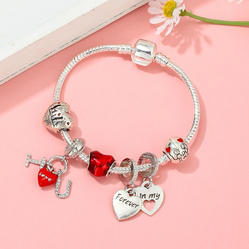 Crystal I LOVE YOU Charm Bracelets Silver Color Fixing Clip Handmade DIY Charm Bracelet For Women Men Jewelry Gift Pulsera Mujer