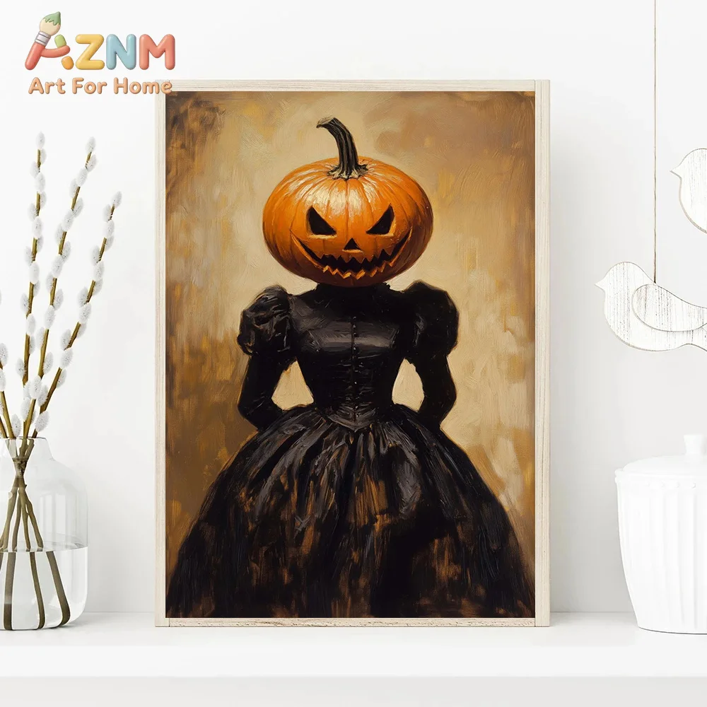 AZNM Cute Ghost Halloween Canvas Wall Art Black Cat Pumpkin Spooky Funny Vintage Oil Painting Style Unframed Canvas Home Decor P