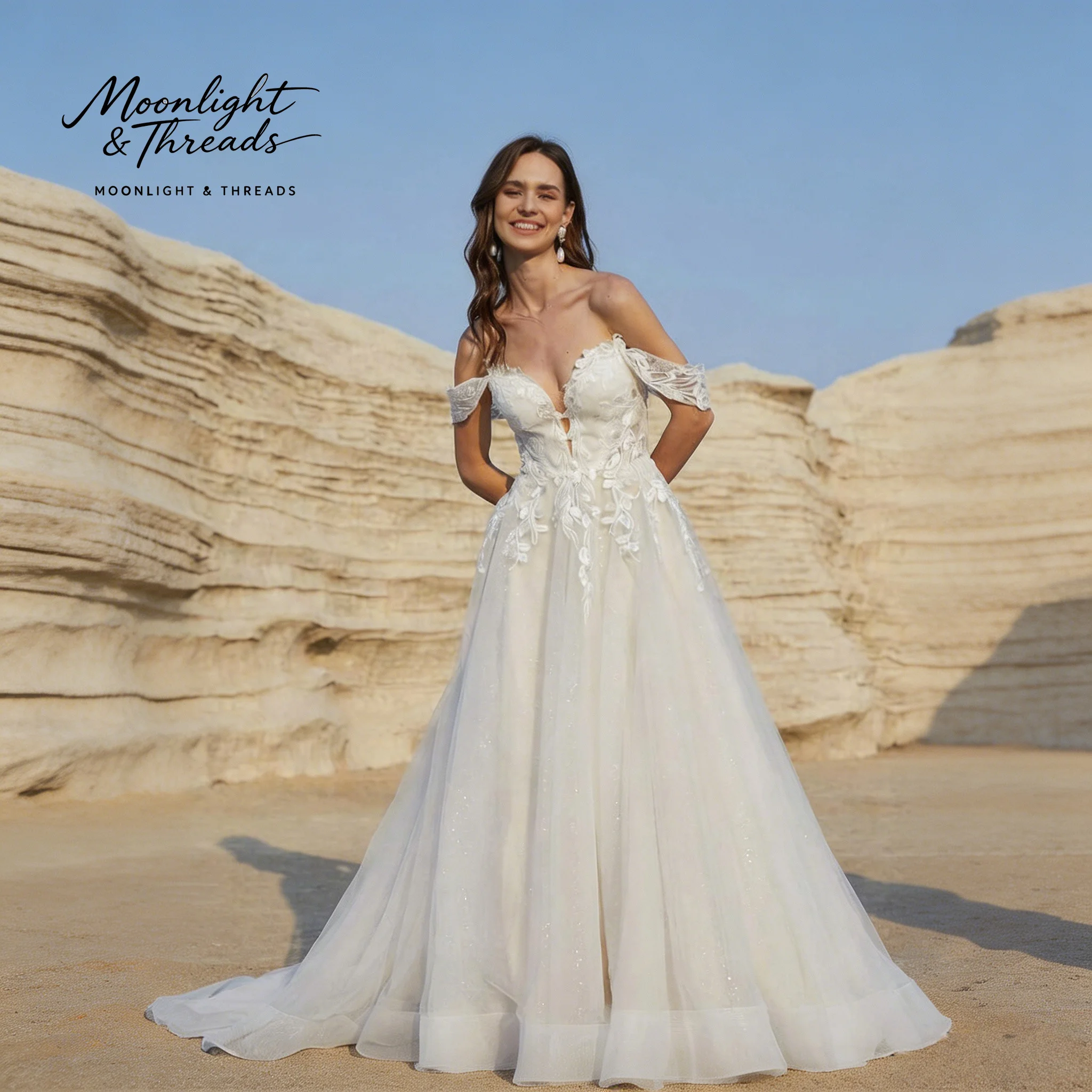 White lace off-shoulder A-line floor-length formal wedding dress with appliqué embroidery and a backless design.