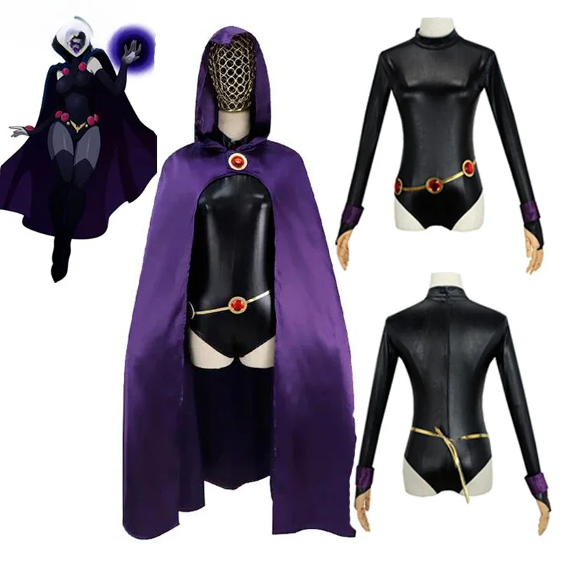 Disfraz de Cosplay de Teen Titans Raven, mono de lujo, capa, cinturón, uniforme de Halloween para mujer, XS-3XL