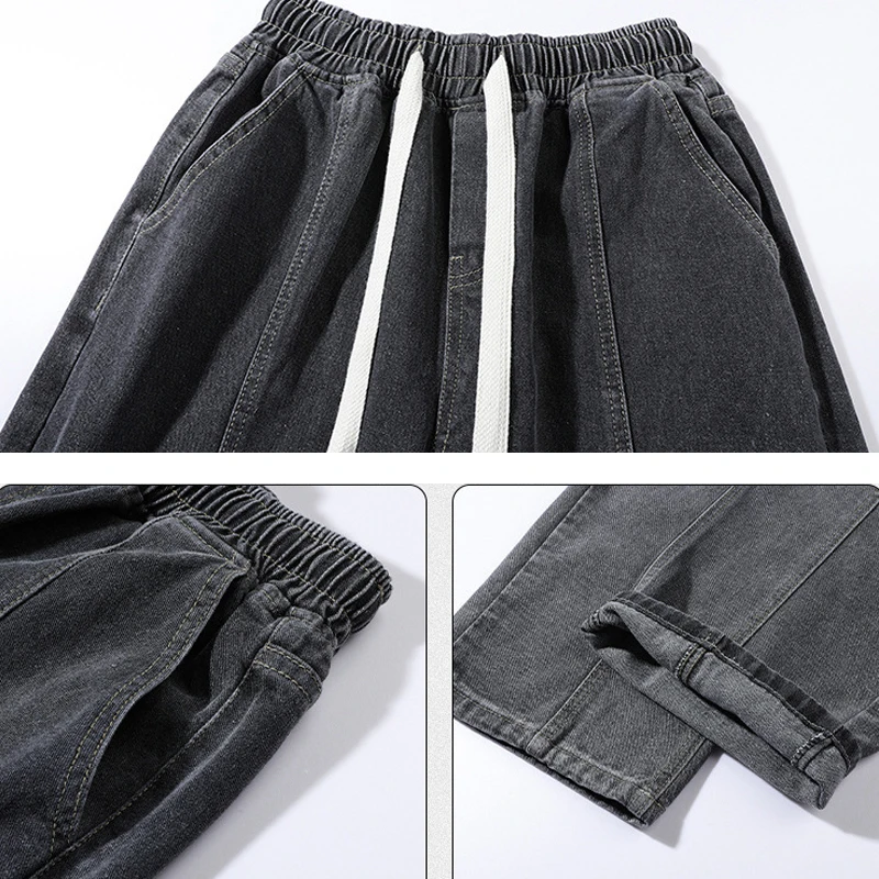 2023 Men Jean Pants Vintage Elastic Waist Autumn Loose Straight Pants Jogger Streetwear Oversized Wide Leg Casual Denim Trousers