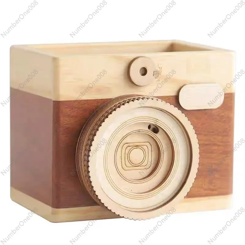 

Wooden Student Stationery Pen Holder Storage Box Creative Retro Camera Double Pen Holder Office Desk Gift Ornament