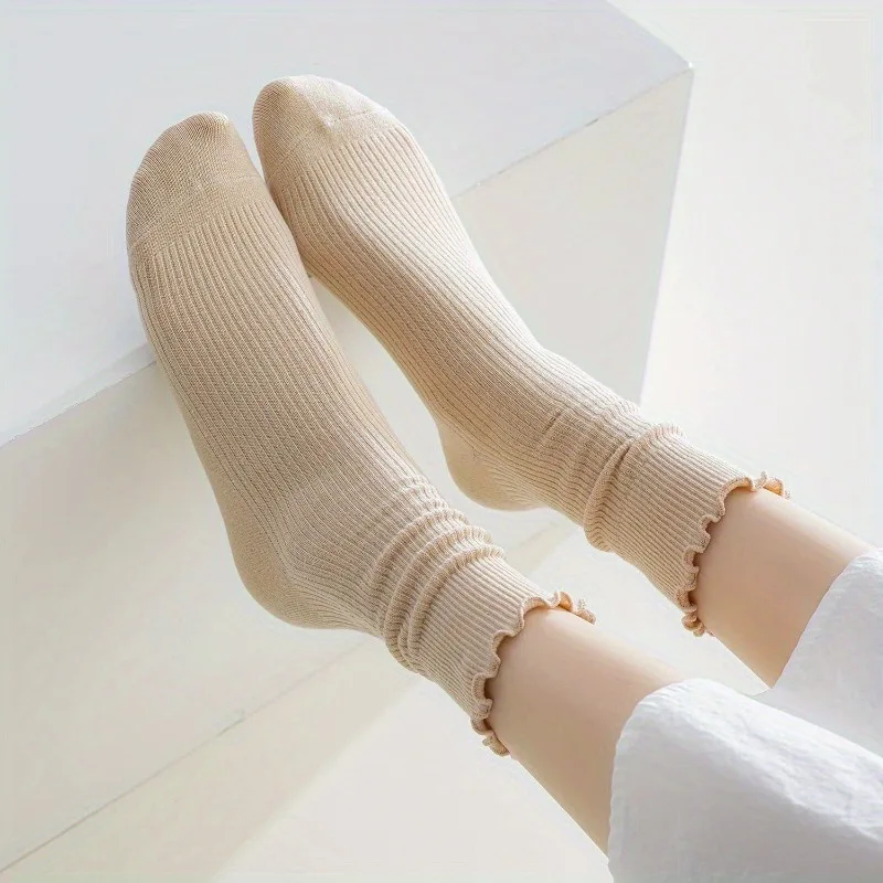 Double Needle Wood Ear Lace Midtube Socks for Schoolgirls White Socks Cotton Solid Color Vertical Lace Midtube Socks for Girls