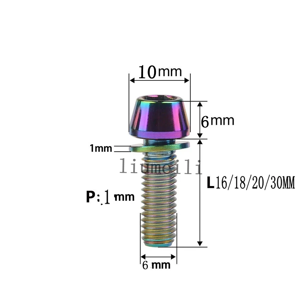 Liumeili Titanium Bolts Ti Tapered Screws M6x16 18 20 30mm with Washers for Bicycle Disc Brake Stem Clamp 1pcs