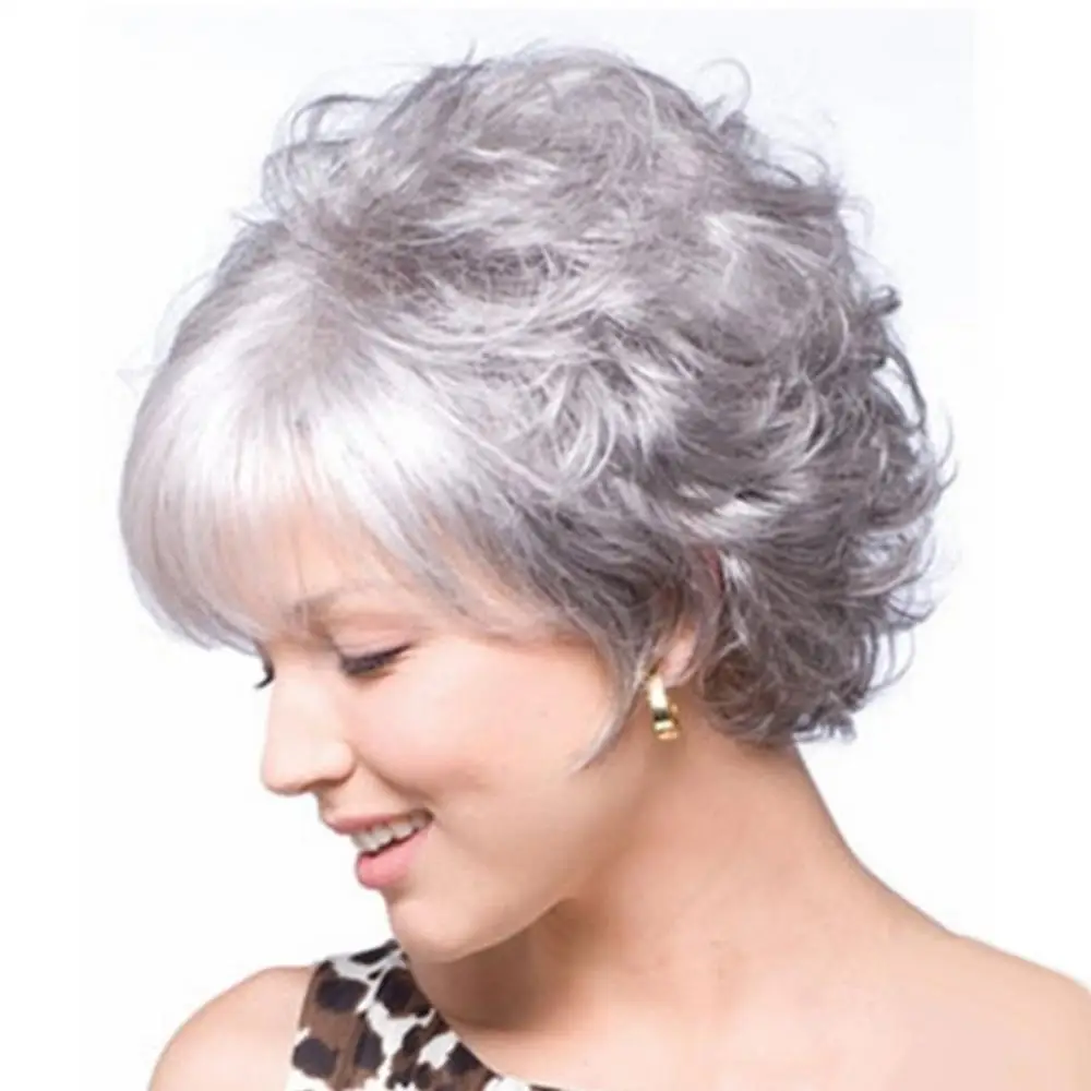 20cm Women Grandmother Gray Short Curly Wig Fluffy Matte Synthetic Hairpiece Classic Short Wigs Layers Curly Grey Style Supply