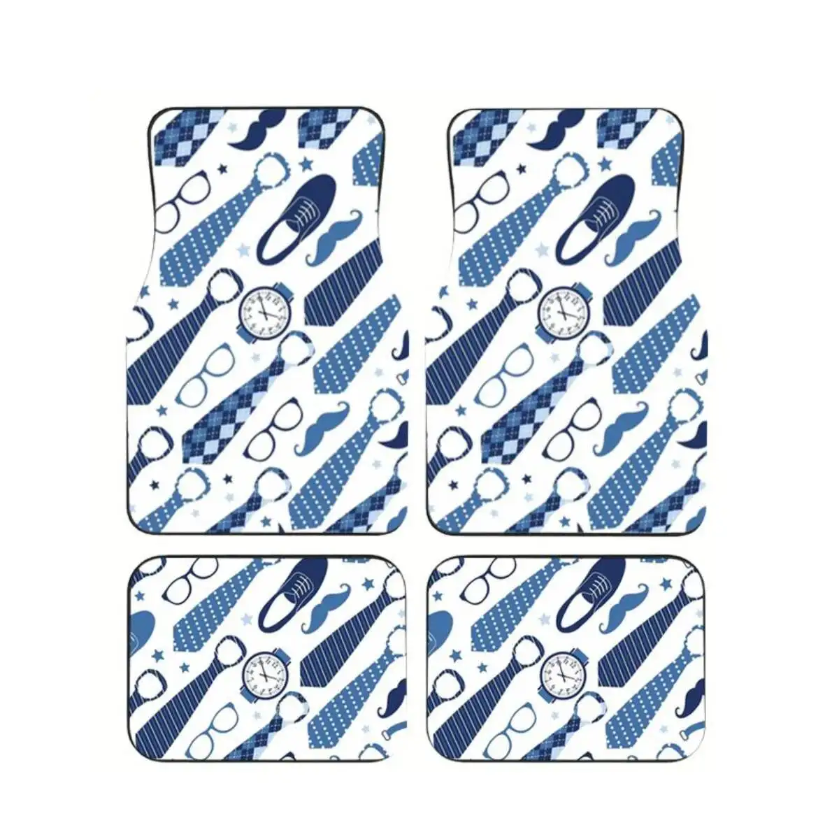 

4Pcs Blue Gentleman Tie Watch Car Floor Mats Moustache Shoe Print Preppy Auto Foot Carpet Set Interior Accessories For SUV Truck