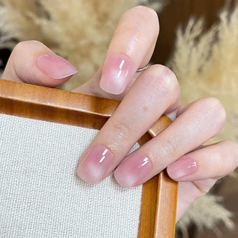 

24PCS Pure Cat Eye False Nails with Glue Sweet Simple Short Square Fake Nail for Spice Girls Ins Style Acrylic Wearable Press On