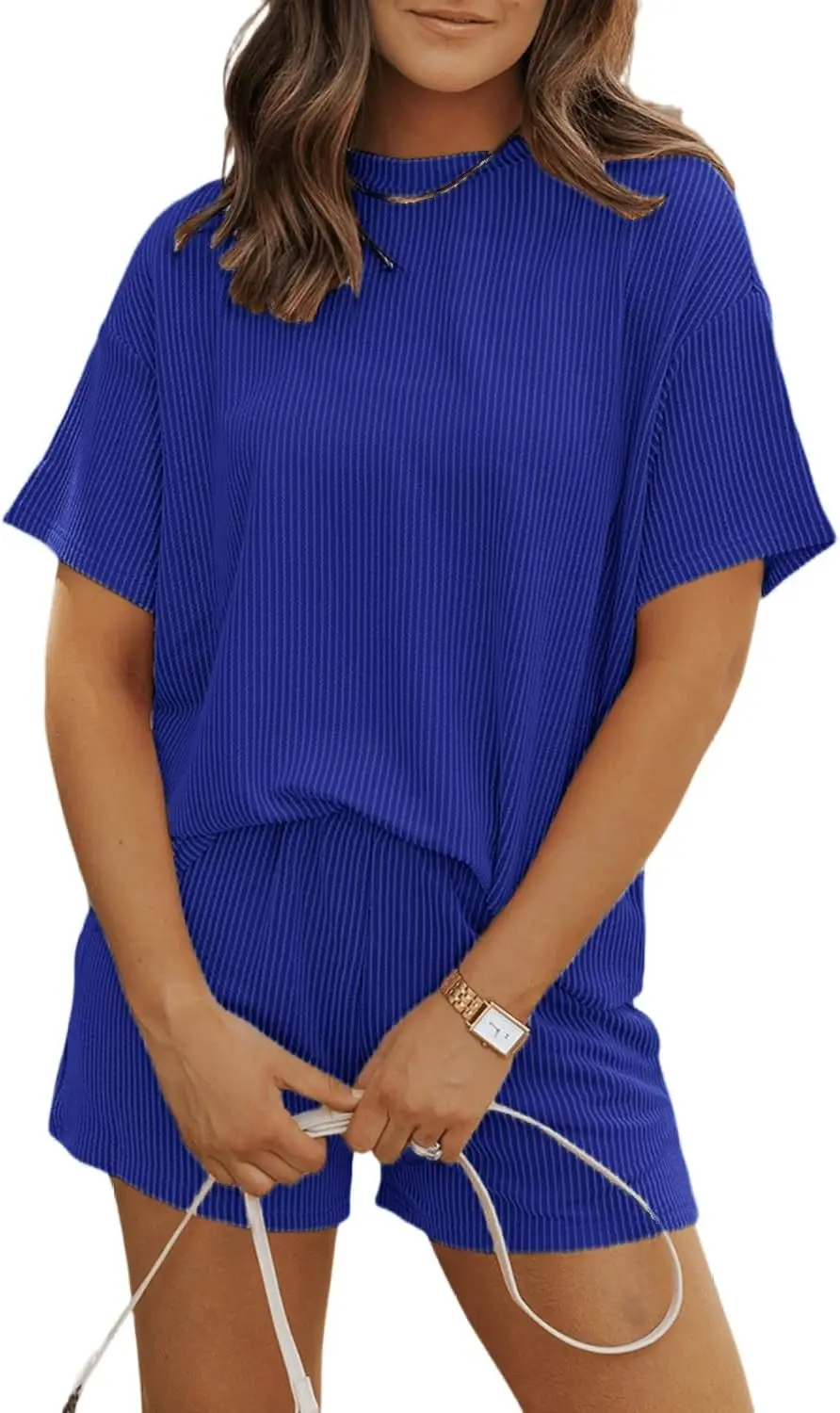 أطقم بيجامات نسائية مكونة من قطعتين ملابس نوم Pjs ناعمة ومريحة بأكمام قصيرة ملابس علوية وسروال قصير طقم ملابس للاستلقاء #5