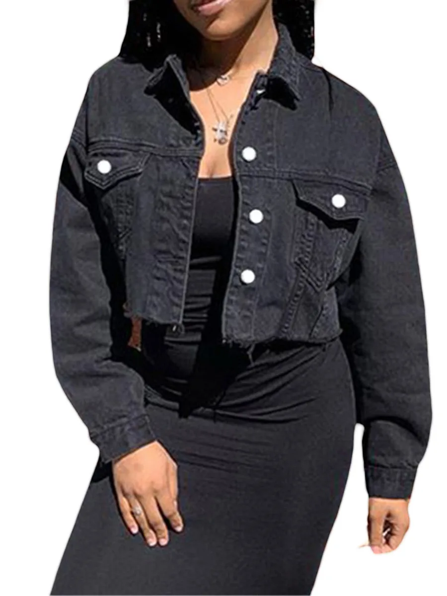 

Women's Denim Short Coat Autumn Solid Color Long Sleeve Lapel Jacket Button Down Distressed Hem Crop Jeans Coat Punk Streetwear