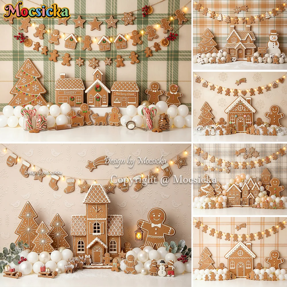Mocsicka Gingerbread House Backdrop Photography Plaid Wall Cookie Man Balloon Lights Christmas Background Winter Kid Photobooth
