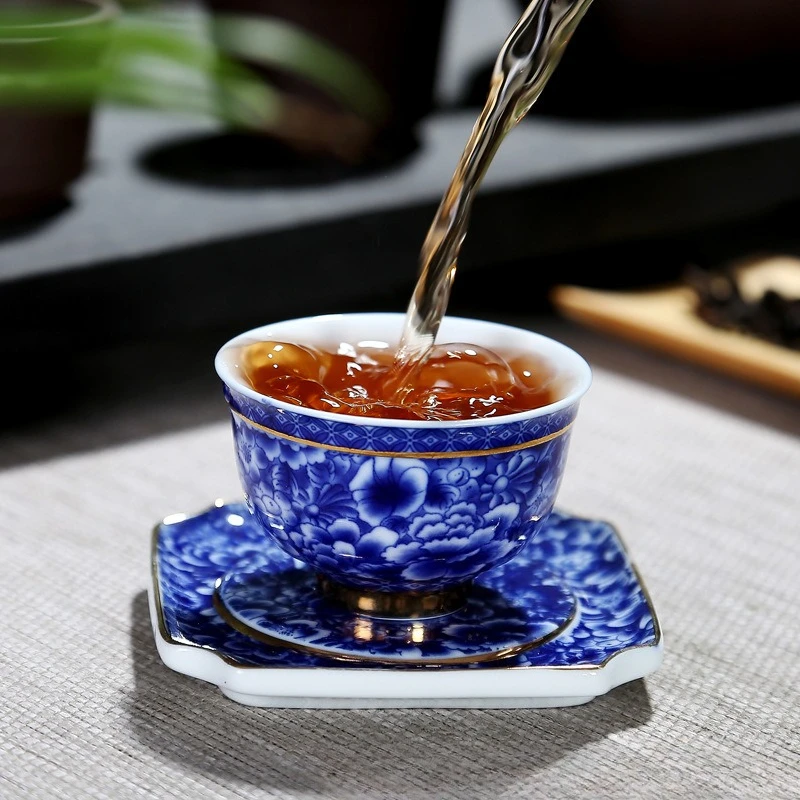 Vintage Master Cup, 1, Teetasse aus blauem und weißem Porzellan, kleine Teeschale, Kung-Fu-Set aus Keramik, Teeschale mit Goldrand, einzelne Tasse
