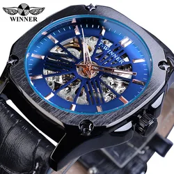 Fashion Winner Top Brand Mens Automatic Rose Golden Hollow Skeleton Leather Male Business Mechanical Clock Dropship Watch