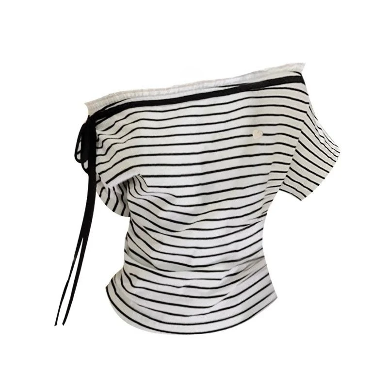 

Deeptown Sexy Striped T-Shirts Vintage Korean Style Off Shoulder Short Sleeve Tees Spicy Girl Y2k Casual Streetwear T-Shirts
