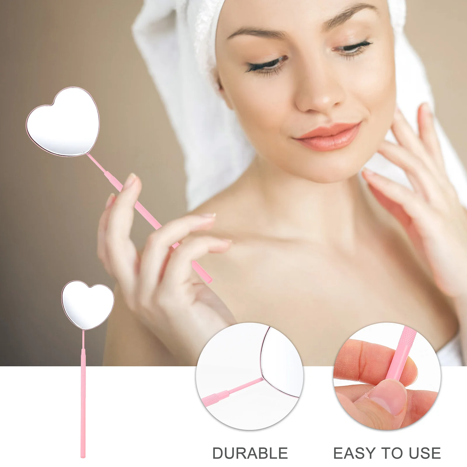 مرآة رموش محمولة بتصميم رائع، مقبض متين من الفولاذ المقاوم للصدأ غير قابل للانزلاق، لوازم تمديد الرموش على شكل قلب #1