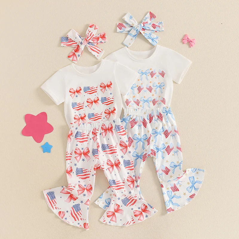 

Baby Girls Summer Outfit, Bow Flag Print Short Sleeve Romper with Flare Pants and Headband Independence Day Clothing Set