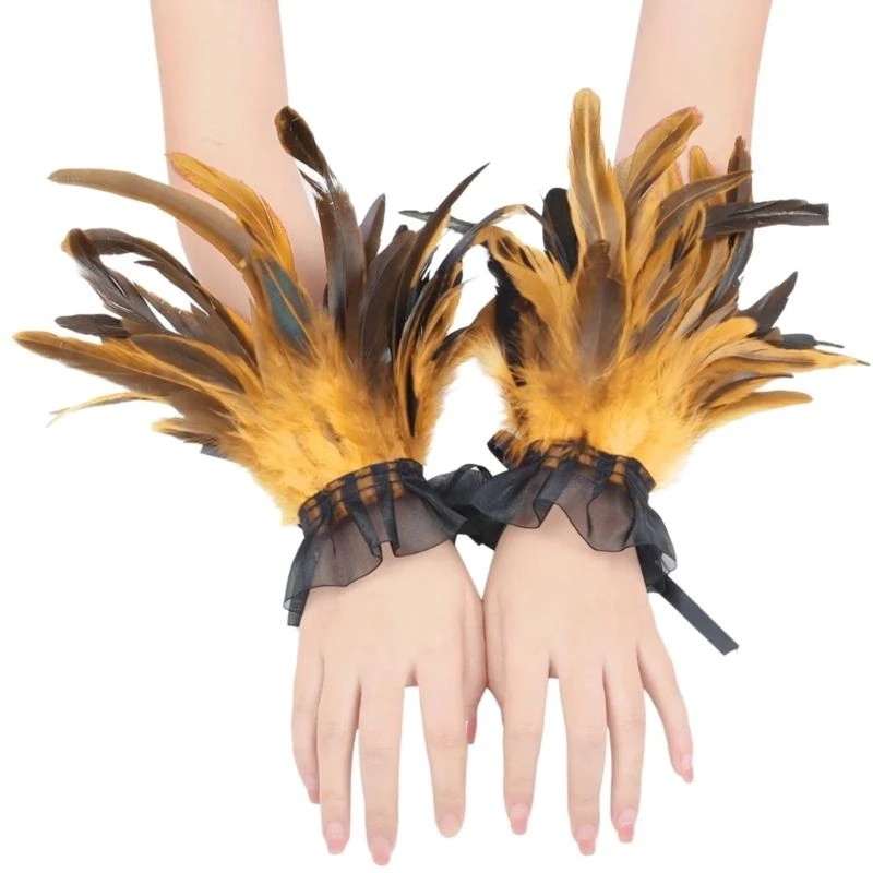 

652F Feathered Hand Cuffs Women Punk Arm Sleeves Halloween Party Wrist Decoration Arm Cuffs Armwear for Various Occasion