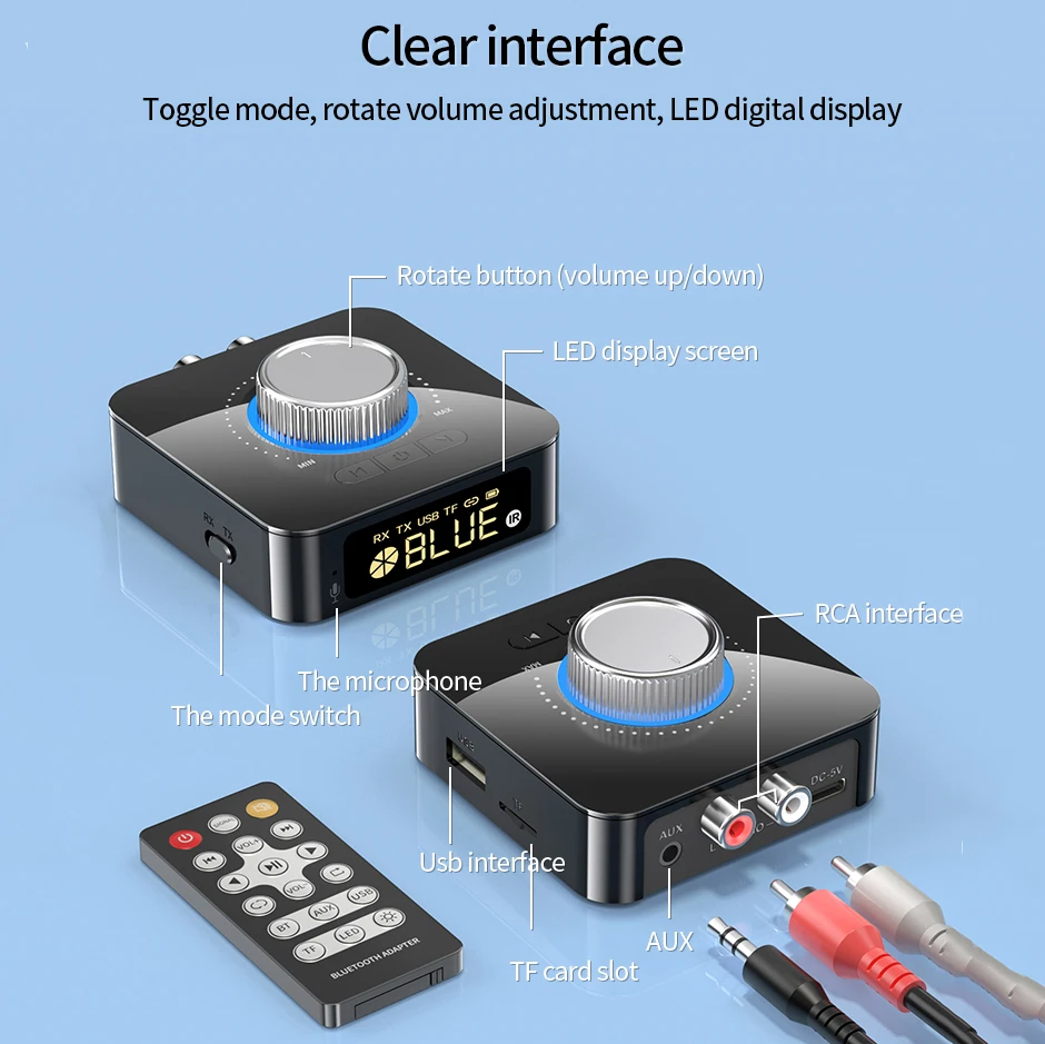 4-IN-1 Bluetooth 5.4 Receiver Transmitter Wireless Audio Adapter 400mAh LED Screen USB TF RCA Bluetooth Adapter for for Speaker