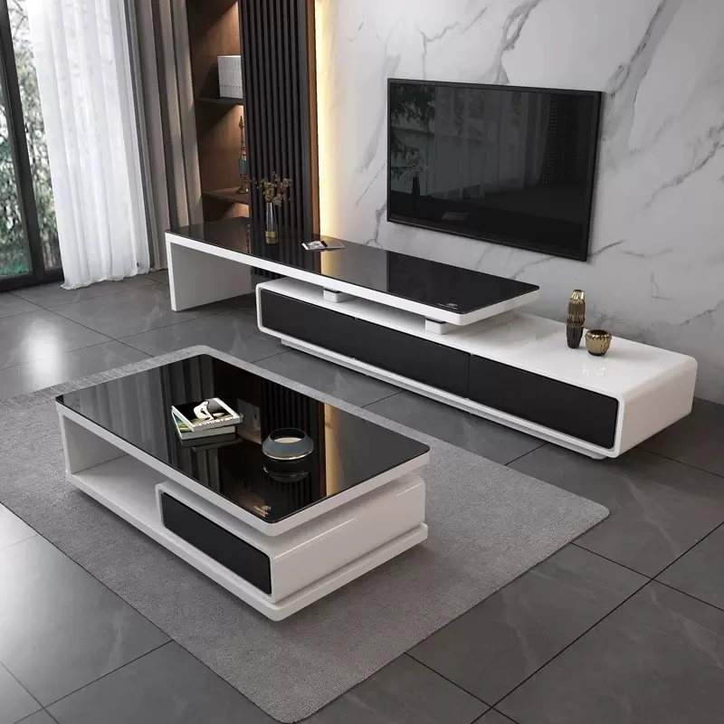 Linlamlim Modern  Shiny White / Black TV Stand & Smart Coffee Table, TV Cabinet & Center Table for Living Room Home Furniture