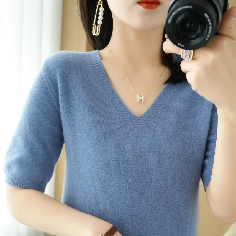 2024 Ladies Sweater Pullover Solid Color V-neck Half-sleeved Knitted Cashmere Sweater Thin Casual Top Fairy Grunge Pulls