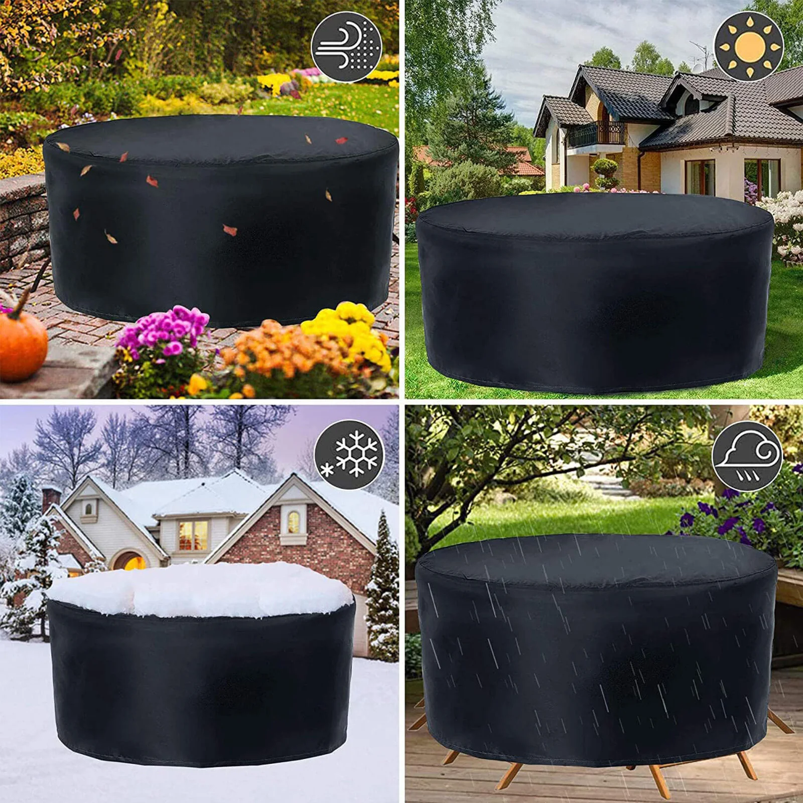 Round Garden Table Cover PU Waterproof UV Resistant Anti-Fading 420D Oxford Fabric Cover Patio Furniture Protect Cover Outdoor