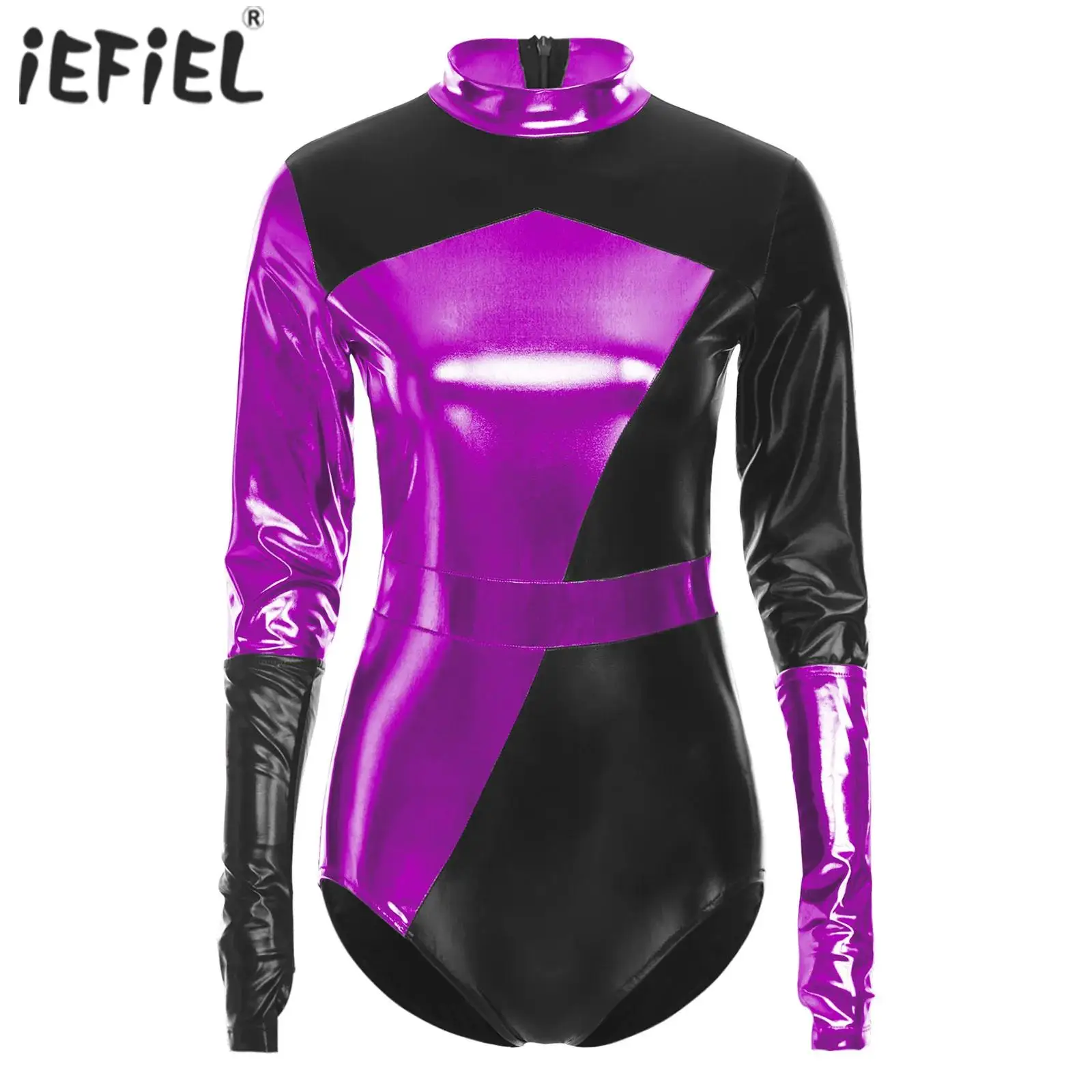 

Women Long Sleeves Slim Fit Bodysuit Rompers Shiny Metallic Gymnastics Leotards Jumpsuit with Arm Sleeves Rave Party Club Wear