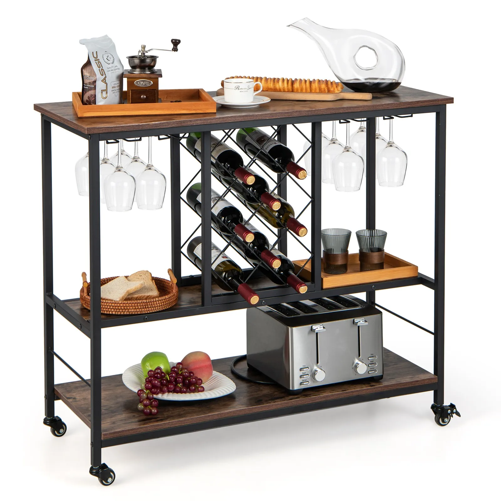 

Rolling kitchen service cart with wine rack glass support