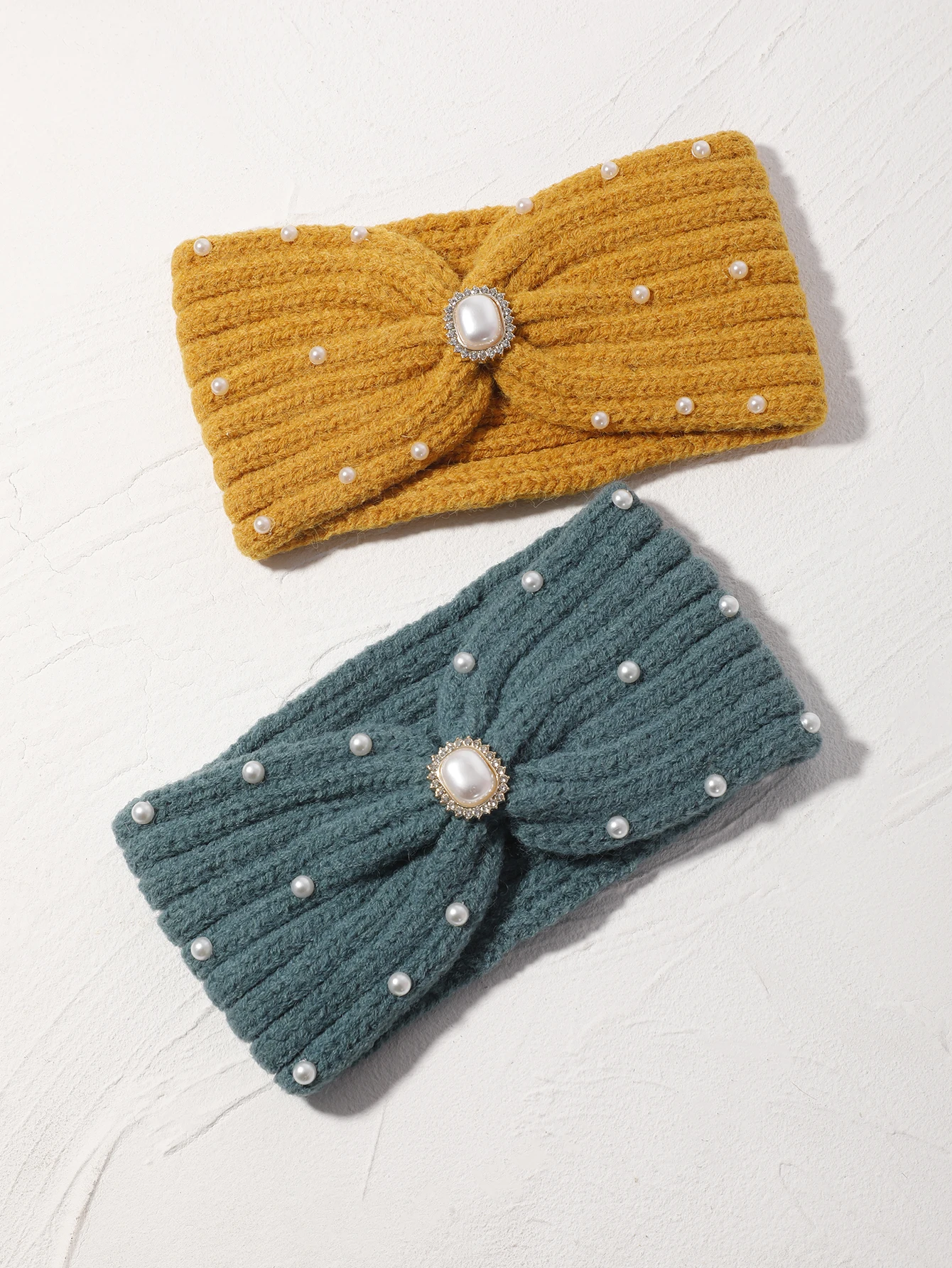 2Pcs Wool Bow Knotted Headband Pearl Knitting Turban Solid Color Woven Warm Elastic Hair Accessories Hair Bands for Girls Women