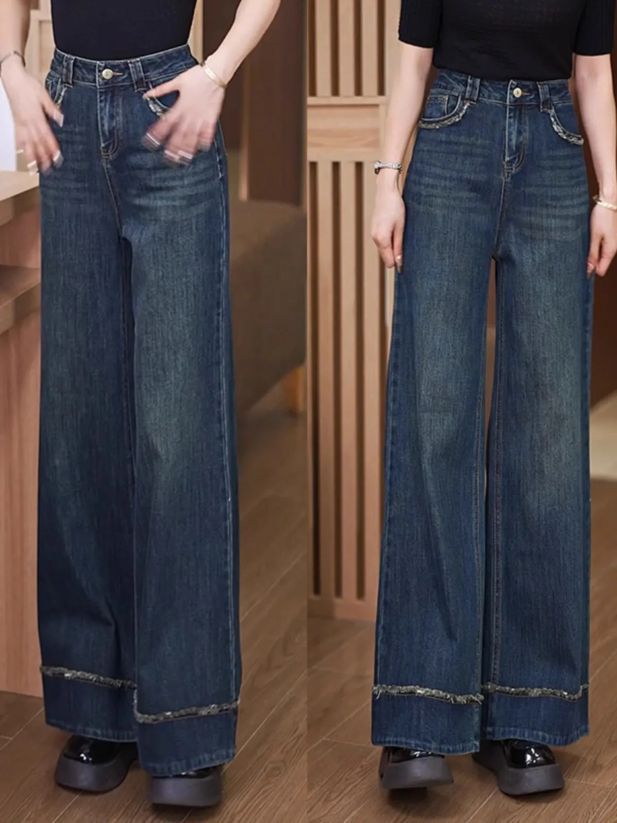 

Джинсы с высокой талией и широкими штанинами, женские, свободного кроя, в корейском стиле, из денима, брюки-клеш, прямые брюки