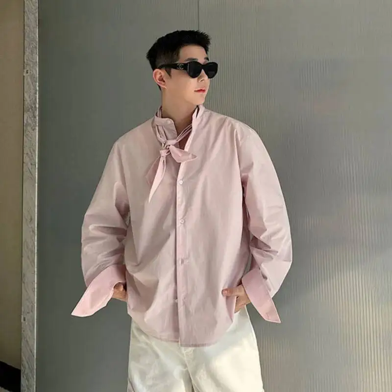 

Осень 2022, корейский стиль, нишевый дизайн, мужские кружевные рубашки с круглым воротником, однотонные свободные мужские рубашки с длинными рукавами, топы