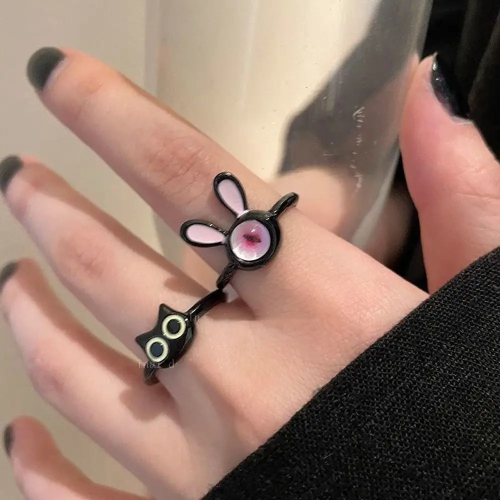 Korean Style Black Cat Ring Women Funny Rabbit Cartoon Ring Couple Ring Adjustable Opening Ring Fashion Jewelry