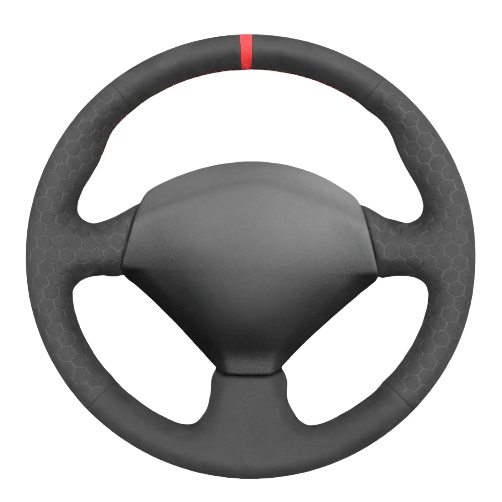 

Black Genuine Leather Steering Wheel Cover With Hexagonal Grip And Red Stitching For Sports Car Models