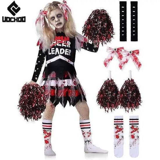 

Платье болельщиков для девочек-зомби, карнавальный костюм на Хэллоуин, ужасное кровавое платье, готическое детское платье из двух предметов, праздничная одежда на день мертвых