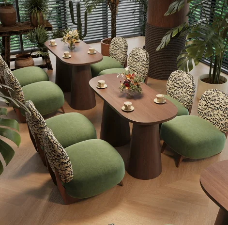Medieval-style commercial hotel tea house solid wood conference chair retro café homestay rattan sofa dining table and chair set