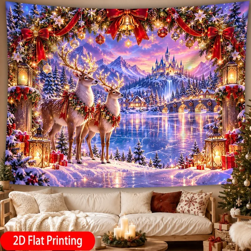 VIKAMA Dreamy Pink Christmas Tapestry, Winter Wonderland Santa Reindeer, Xmas Wall Hanging for Bedroom Living Room Decor
